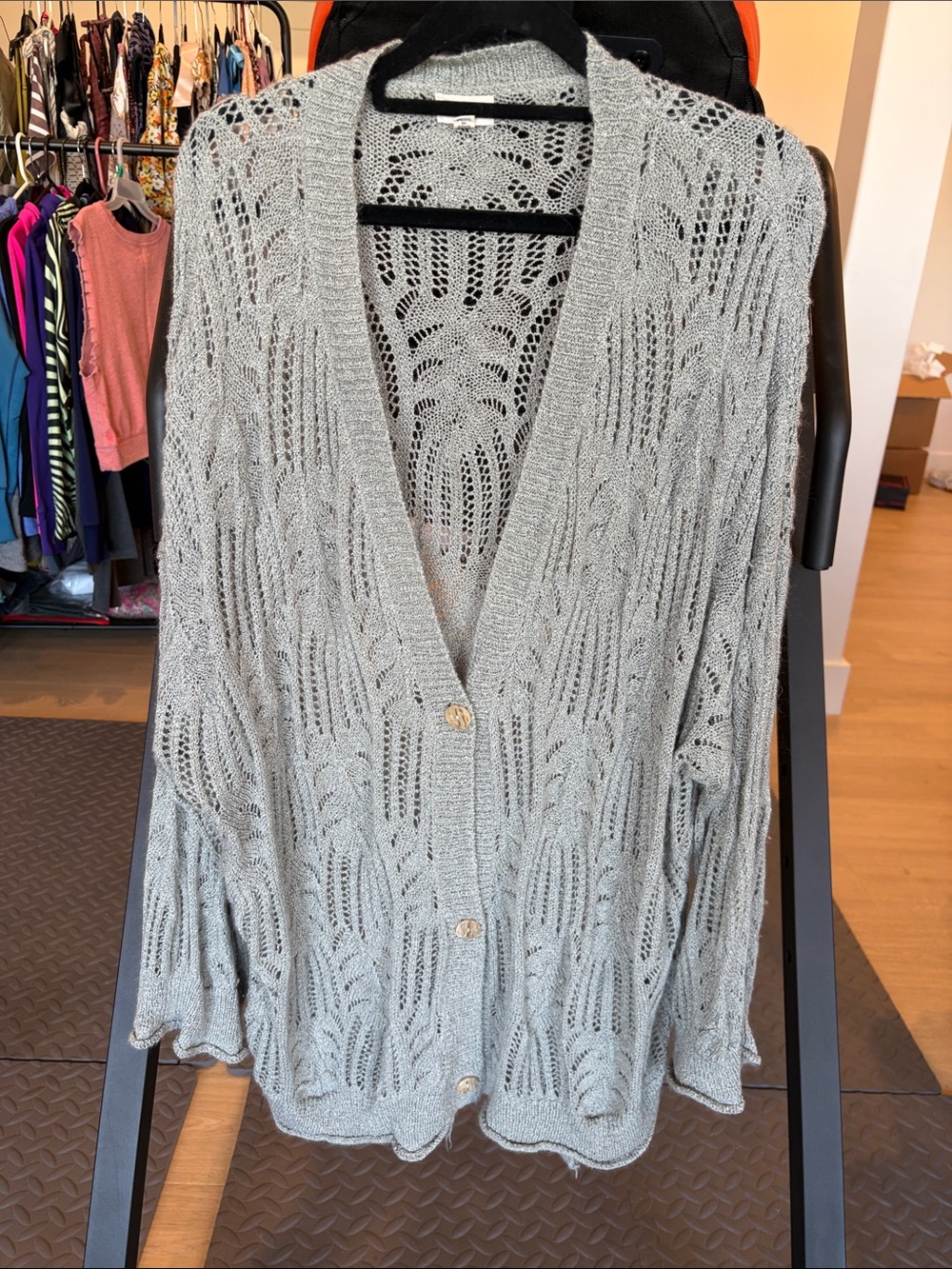 POL Light Gray Open Knit Button-Front Cardigan